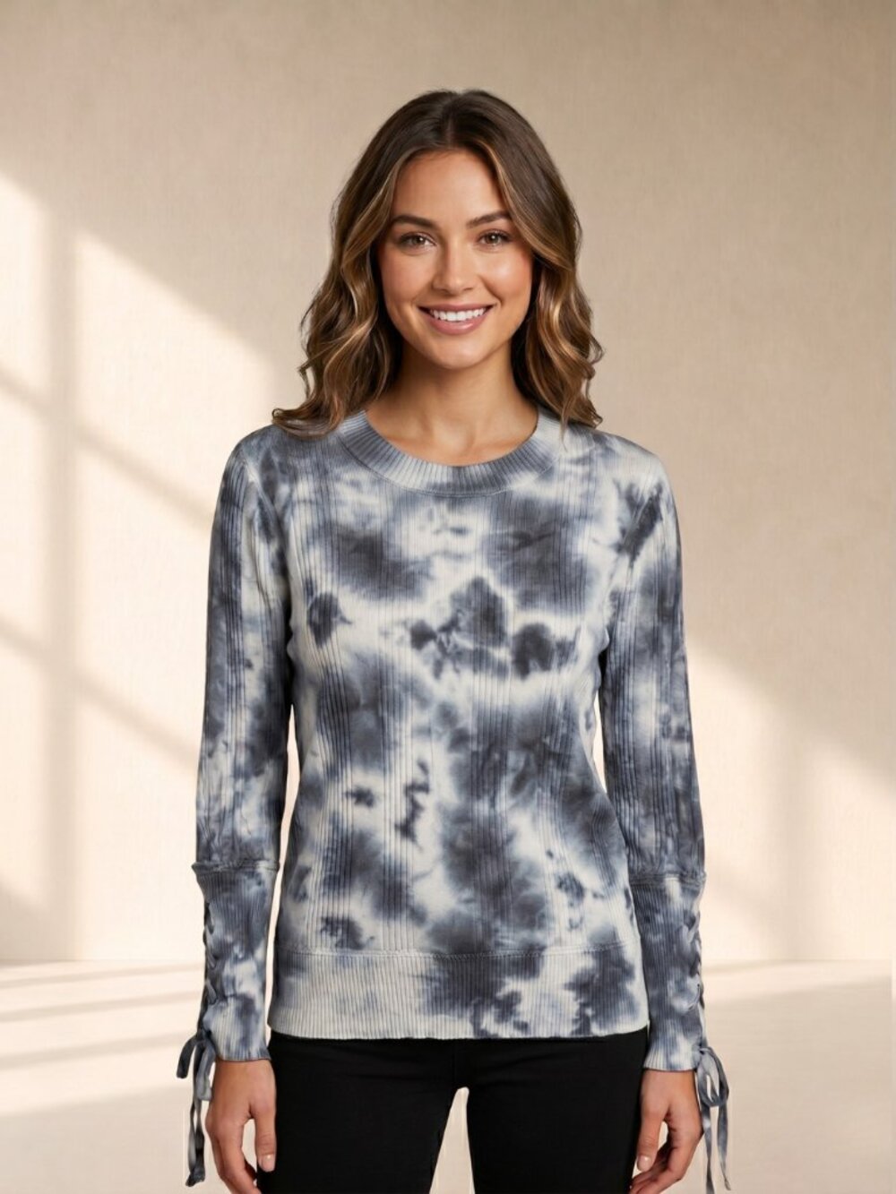 American Rag Cie Blue Tie Dye Ribbed Lace Up Sleeve Top Grunge Y2K Medium